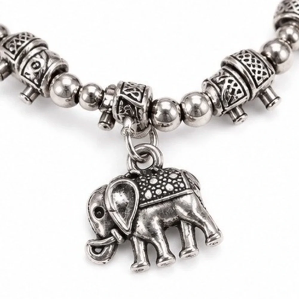 Bohemian Oxidized Silver Tone Elephant Charm Stretch Bead Bracelet Womens